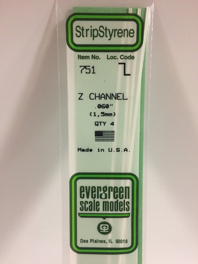 Evergreen 751 .060" (1.5mm) White Styrene Z Channel All Scales - package