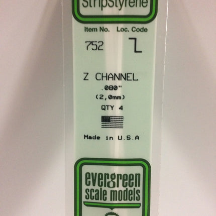 Evergreen 752 .080" (2.0mm) White Styrene Z Channel All Scales - package