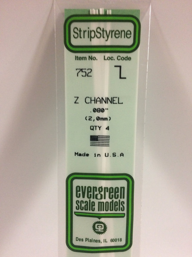 Evergreen 752 .080" (2.0mm) White Styrene Z Channel All Scales - package