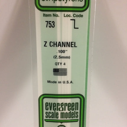 Evergreen 753 .100" (2.5mm) White Styrene Z Channel All Scales - package