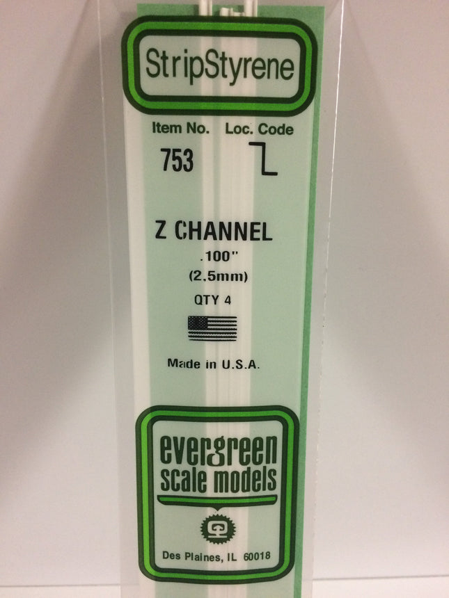 Evergreen 753 .100" (2.5mm) White Styrene Z Channel All Scales - package