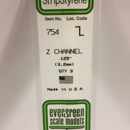 Evergreen 754 .125" (3.2mm) White Styrene Z Channel All Scales - package
