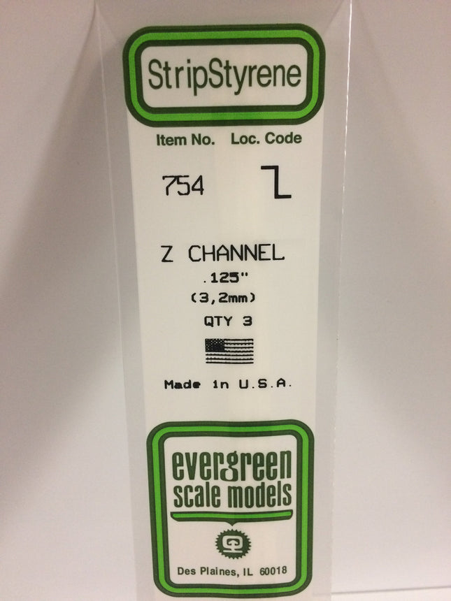 Evergreen 754 .125" (3.2mm) White Styrene Z Channel All Scales - package