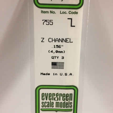 Evergreen 755 .156" (4.0mm) White Styrene Z Channel All Scales - package
