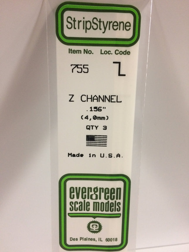 Evergreen 755 .156" (4.0mm) White Styrene Z Channel All Scales - package