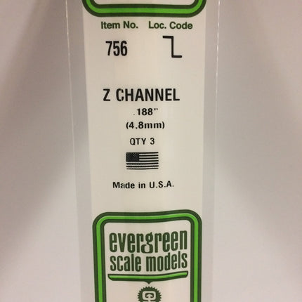 Evergreen 756 .188" (4.8mm) White Styrene Z Channel All Scales - package