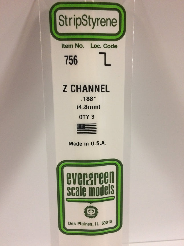 Evergreen 756 .188" (4.8mm) White Styrene Z Channel All Scales - package