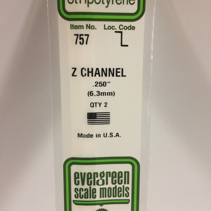 Evergreen 757 .250" (6.3mm) White Styrene Z Channel All Scales - package
