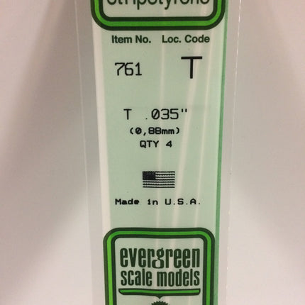 Evergreen 761 .035" (.88mm) White Styrene T Shape All Scales - package