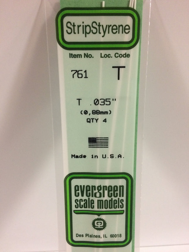 Evergreen 761 .035" (.88mm) White Styrene T Shape All Scales - package