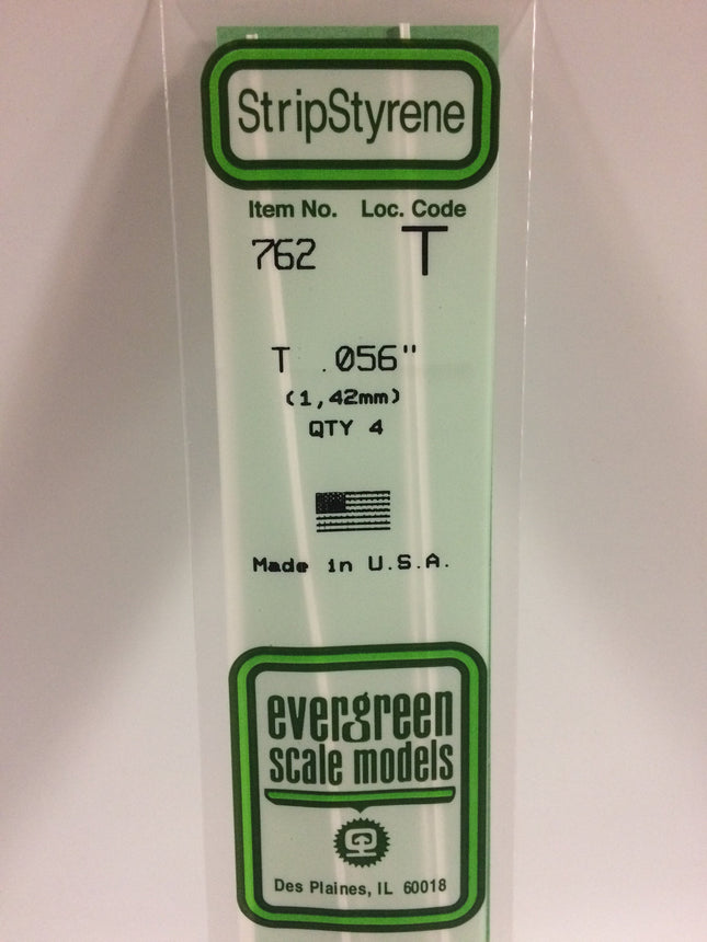 Evergreen 762 .056" (1.42mm) White Styrene T Shape All Scales - package
