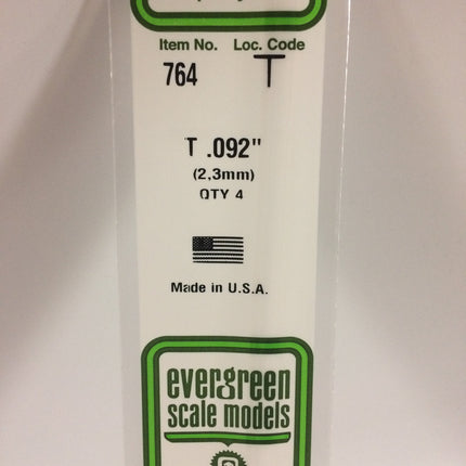Evergreen 764 .092" (2.3mm) White Styrene T Shape All Scales - package