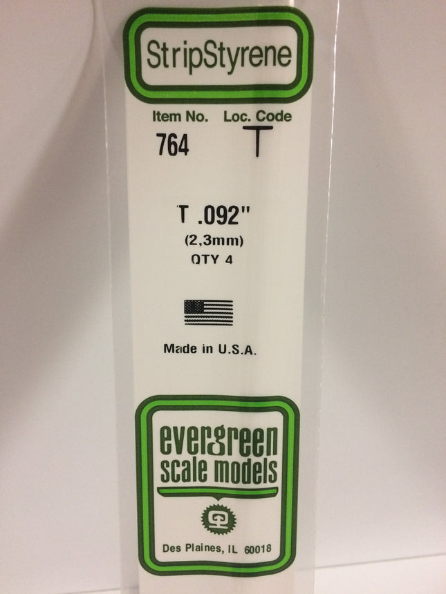 Evergreen 764 .092" (2.3mm) White Styrene T Shape All Scales - package
