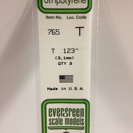 Evergreen 765 .123" (3.1mm) White Styrene T Shape All Scales - package