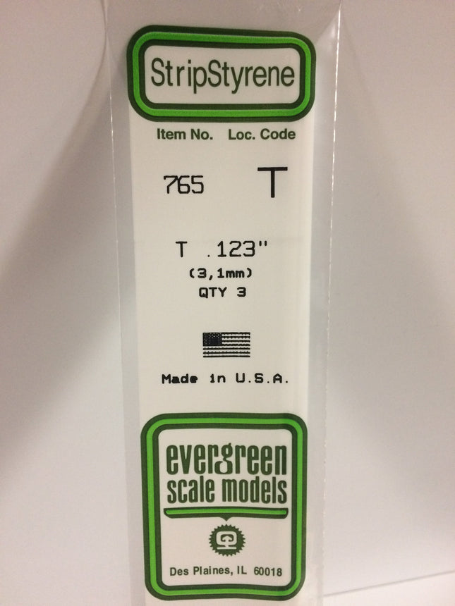 Evergreen 765 .123" (3.1mm) White Styrene T Shape All Scales - package