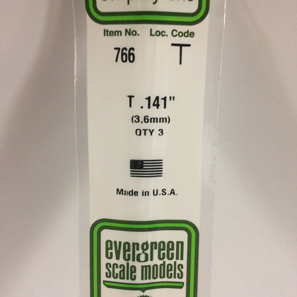 Evergreen 766 .141" (3.6mm) White Styrene T Shape All Scales - package