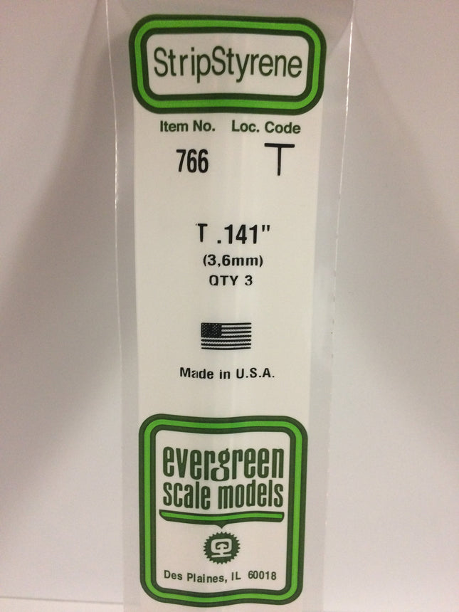 Evergreen 766 .141" (3.6mm) White Styrene T Shape All Scales - package