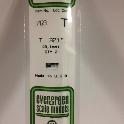 Evergreen 769 .321" (8.1mm) White Styrene T Shape All Scales - package