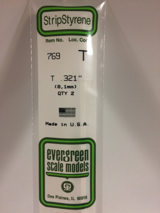 Evergreen 769 .321" (8.1mm) White Styrene T Shape All Scales - package