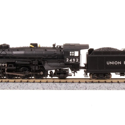 USRA 2-8-2 Light Mikado model train, Union Pacific #2492, N Scale with DCC and sound features on track.