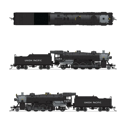 N Scale Union Pacific #2492 USRA 2-8-2 Light Mikado model train, side and top views, featuring Sound and DCC Paragon4 system.