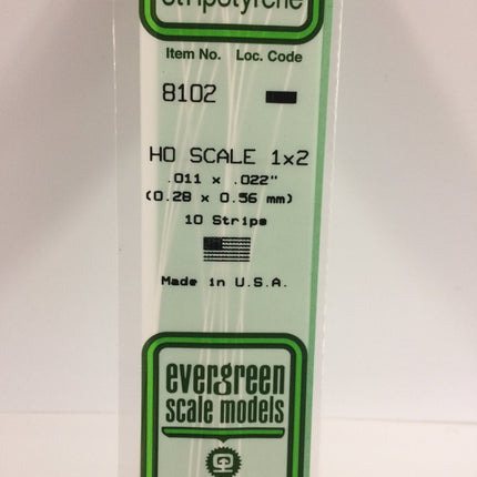 Evergreen 8102 .011" x .022" White Styrene HO Scale Strips (1 x 2) HO Scale - package