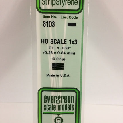 Evergreen 8103 .011" x .033" White Styrene HO Scale Strips (1 x 3) HO Scale - package