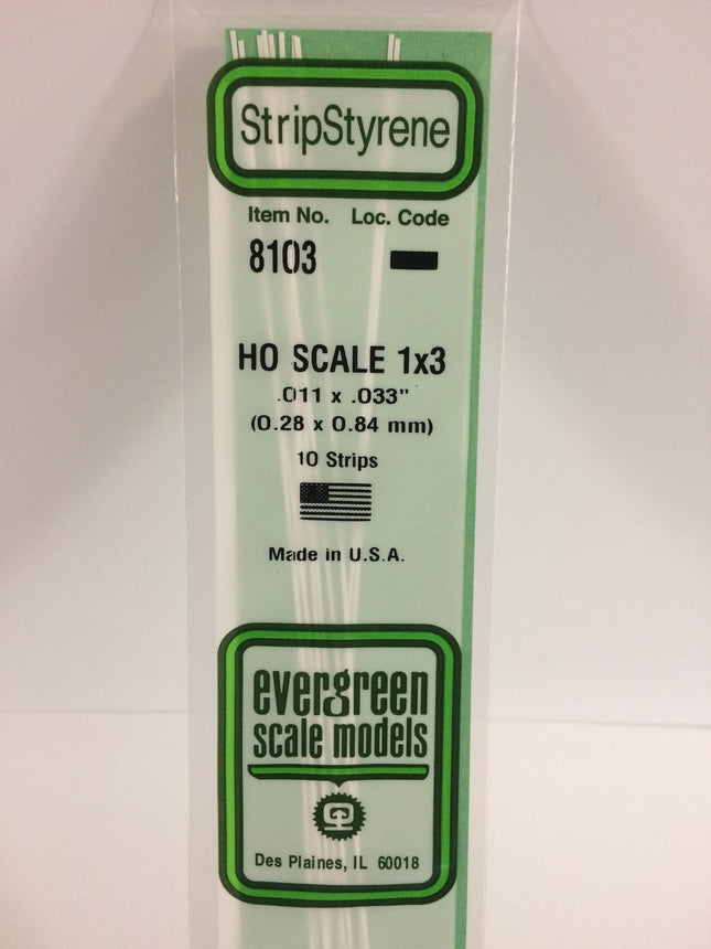 Evergreen 8103 .011" x .033" White Styrene HO Scale Strips (1 x 3) HO Scale - package