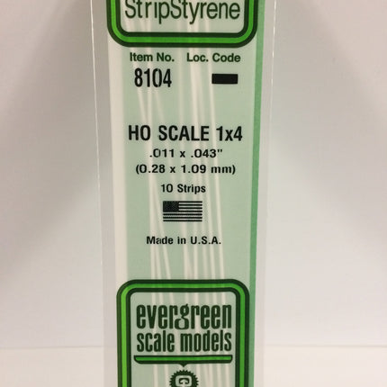 Evergreen 8104 .011" x .043" White Styrene HO Scale Strips (1 x 4) HO Scale - package