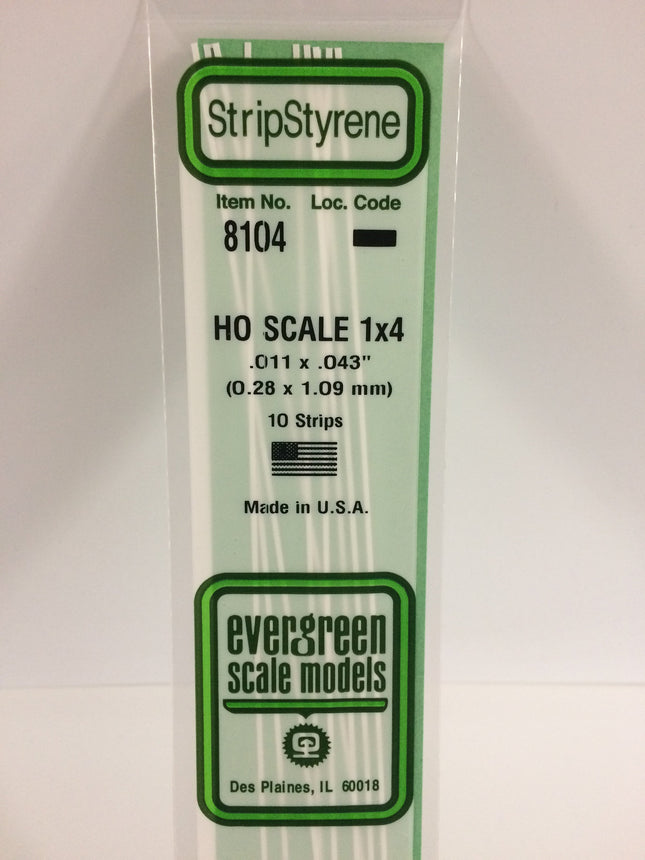 Evergreen 8104 .011" x .043" White Styrene HO Scale Strips (1 x 4) HO Scale - package