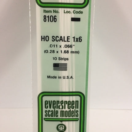 Evergreen 8106 .011" x .066" White Styrene HO Scale Strips (1 x 6) HO Scale - package