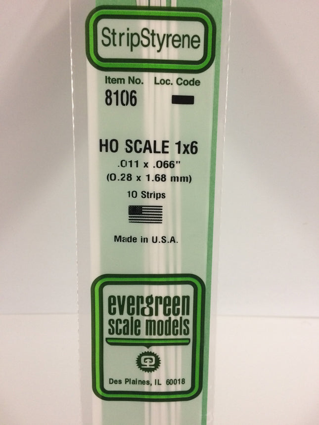 Evergreen 8106 .011" x .066" White Styrene HO Scale Strips (1 x 6) HO Scale - package