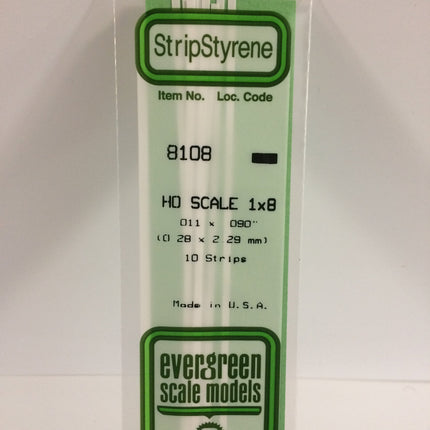 Evergreen 8108 .011" x .090" White Styrene HO Scale Strips (1 x 8) HO Scale - package
