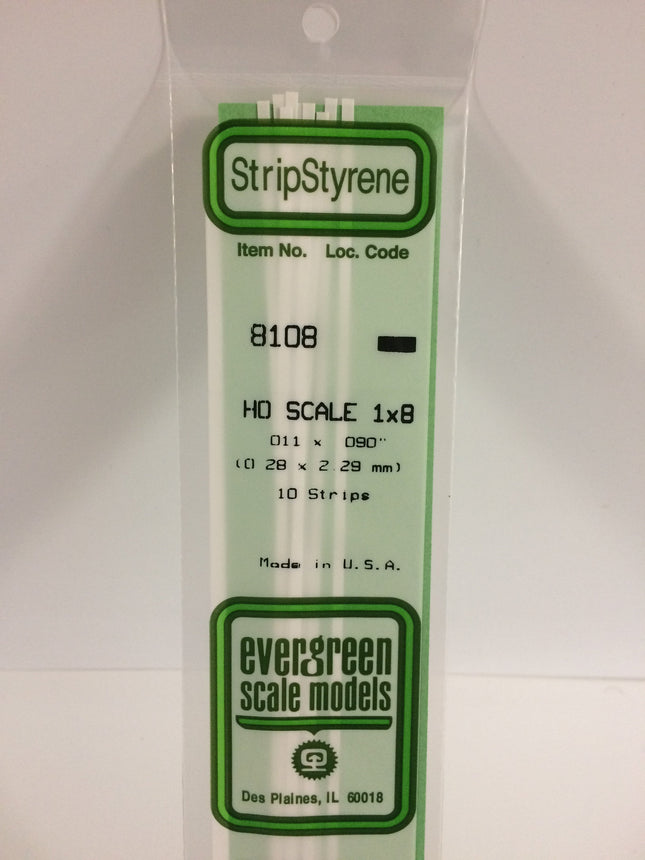 Evergreen 8108 .011" x .090" White Styrene HO Scale Strips (1 x 8) HO Scale - package