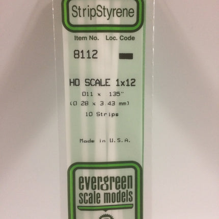 Evergreen 8112 .011" x .135" / .3mm x 3.4mm White Styrene HO Scale Strips (1 x 12) HO Scale - package
