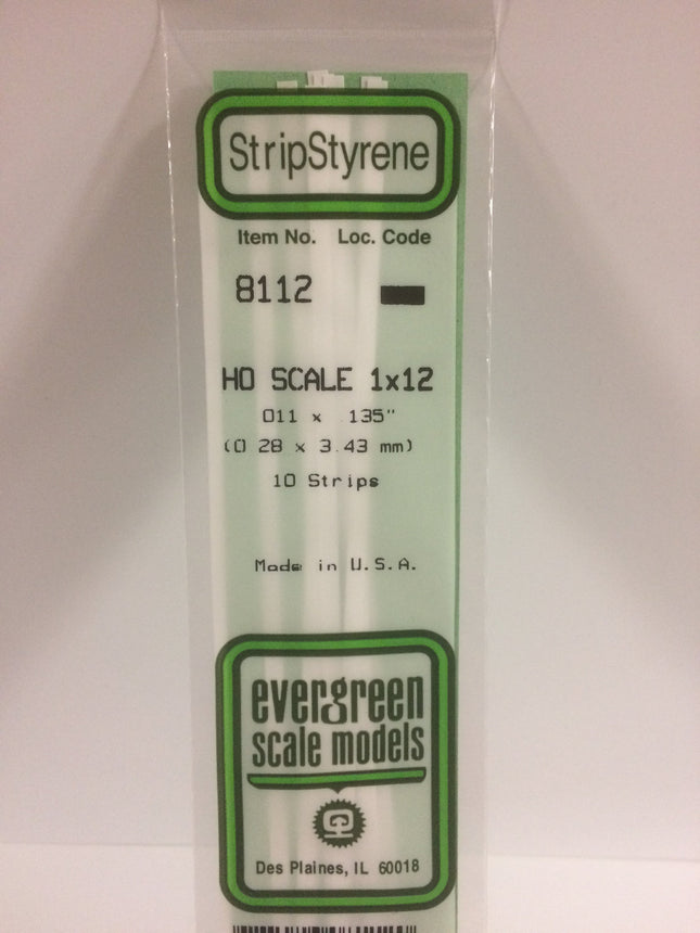 Evergreen 8112 .011" x .135" / .3mm x 3.4mm White Styrene HO Scale Strips (1 x 12) HO Scale - package