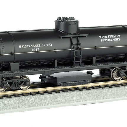 Bachmann HO Scale Track Cleaning Tank Car in black, designed for Maintenance-of-Way, realistic model on train tracks.