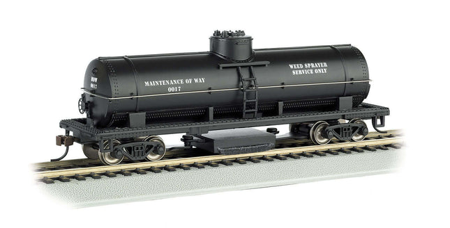 Bachmann HO Scale Track Cleaning Tank Car in black, designed for Maintenance-of-Way, realistic model on train tracks.