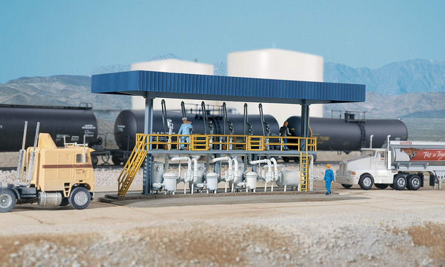 Walthers Cornerstone 933-3169 Tanker Truck Loading Rack HO Scale - assembled close-up with tank cars and tank trucks