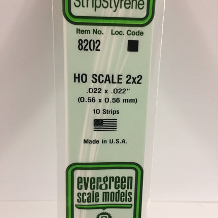 Evergreen 8202 .022" x .022" / .6mm x .6mm White Styrene HO Scale Strips (2x2) HO Scale - package