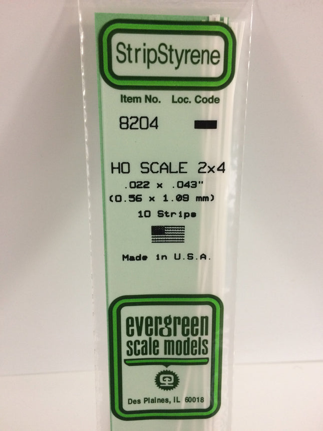 Evergreen 8204 .022" x .043" / .6mm x 1.1mm White Styrene HO Scale Strips (2 x 4) HO Scale - package