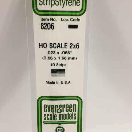 Evergreen 8206 .022" x .066" / .6mm x 1.7mm White Styrene HO Scale Strips (2 x 6) HO Scale - package