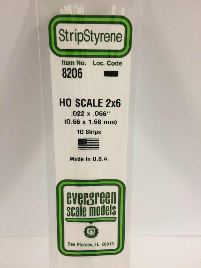 Evergreen 8206 .022" x .066" / .6mm x 1.7mm White Styrene HO Scale Strips (2 x 6) HO Scale - package