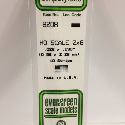 Evergreen 8208 .022" x .090" / .6mm x 2.3mm White Styrene HO Scale Strips (2 x 8) HO Scale - package