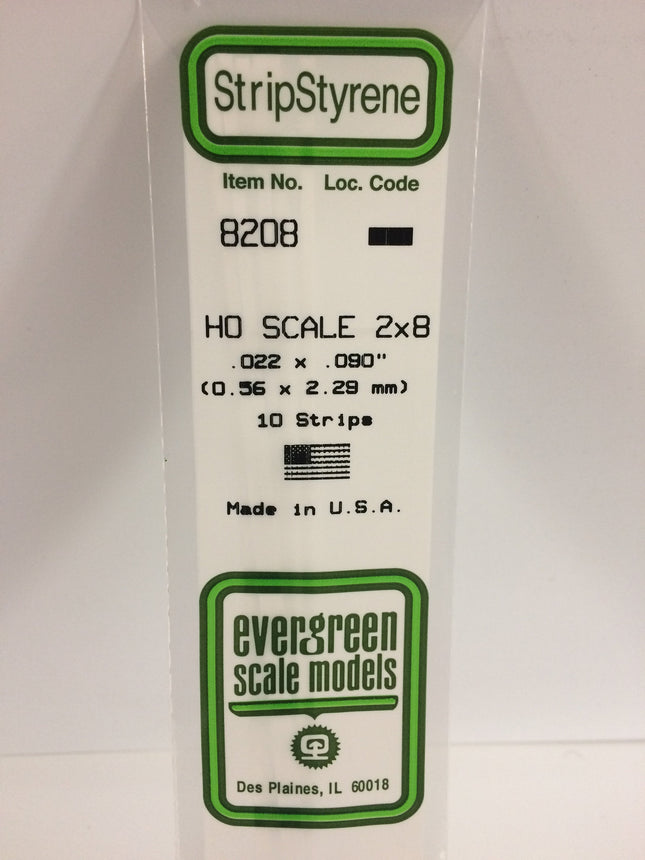 Evergreen 8208 .022" x .090" / .6mm x 2.3mm White Styrene HO Scale Strips (2 x 8) HO Scale - package