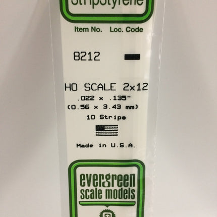 Evergreen 8212 .022" x .135" / .6mm x 3.4mm White Styrene HO Scale Strips (2 x 12) HO Scale - package