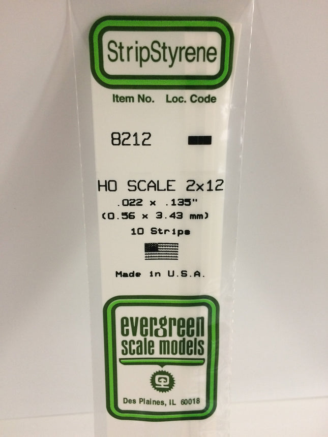 Evergreen 8212 .022" x .135" / .6mm x 3.4mm White Styrene HO Scale Strips (2 x 12) HO Scale - package