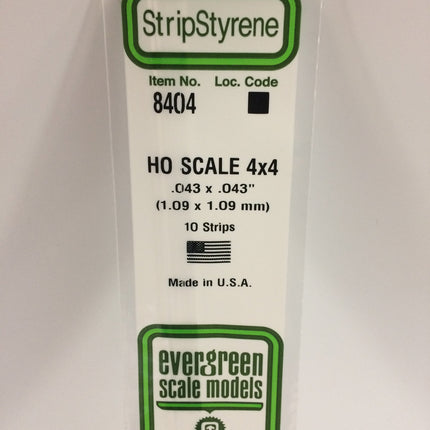 Evergreen 8404 .043" x .043" / 1.1mm x 1.1mm White Styrene HO Scale Strips (4 x 4) HO Scale - package