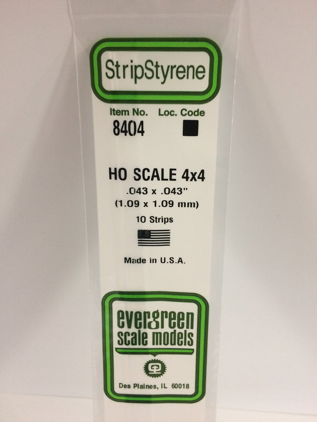 Evergreen 8404 .043" x .043" / 1.1mm x 1.1mm White Styrene HO Scale Strips (4 x 4) HO Scale - package