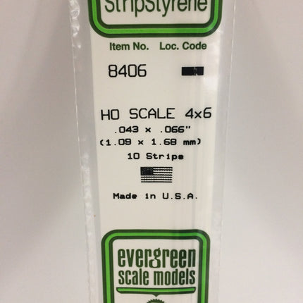 Evergreen 8406 .043" x .066" / 1.1mm x 1.7mm White Styrene HO Scale Strips (4 x 6) HO Scale - package